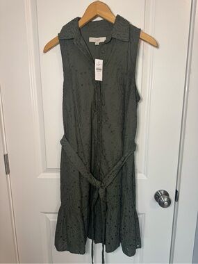 LOFT Olive Eyelet Sleeveless Midi Dress with Tie Waist